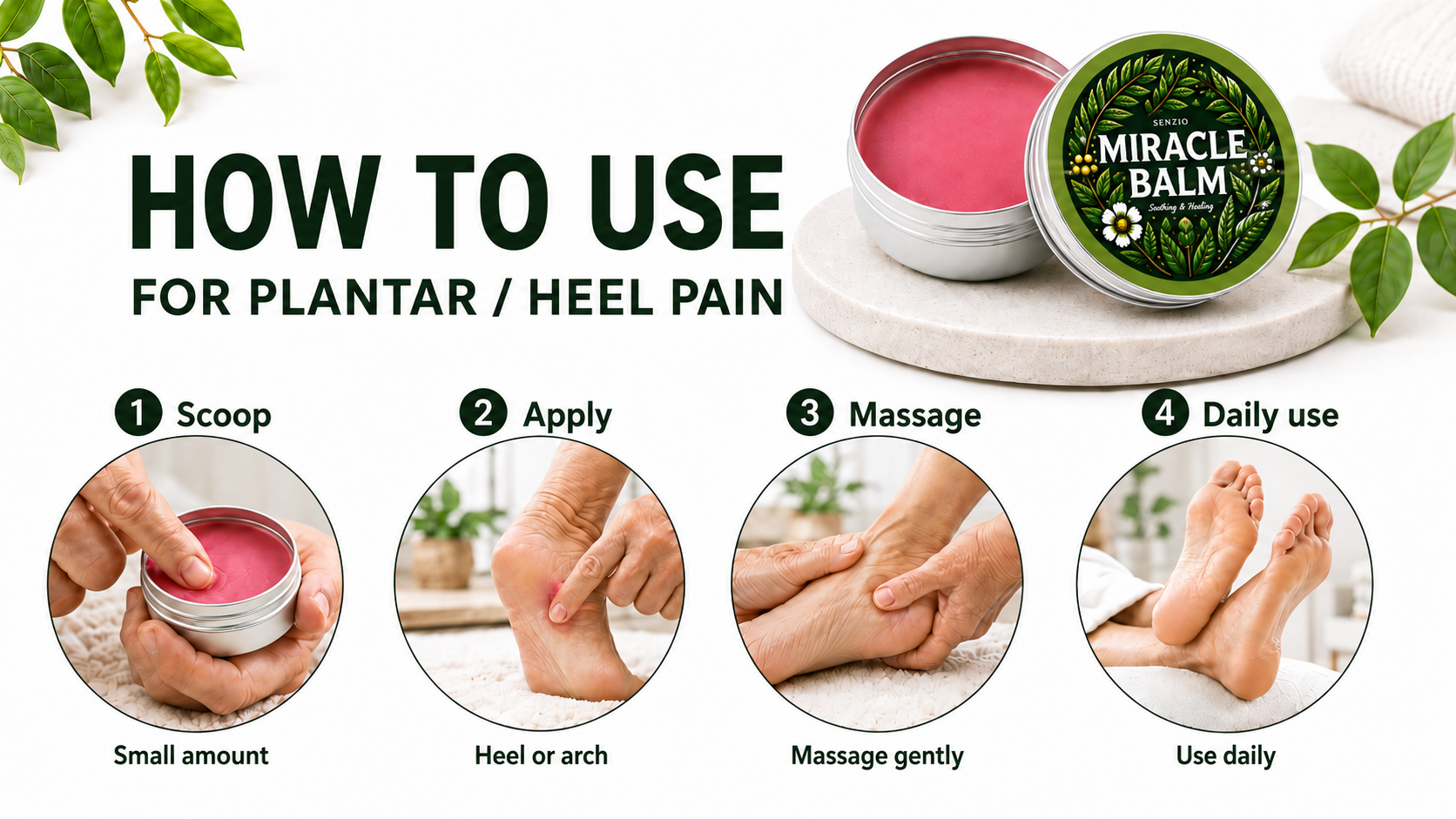 How to use for plantar and heel pain: scoop a small amount, apply to the heel and arch, massage gently, and use daily